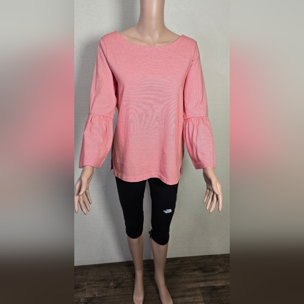 J.Crew Women's  Medium Top RED WHITE Micro Stripe Boat Neck Bell Sleeves *FLAW